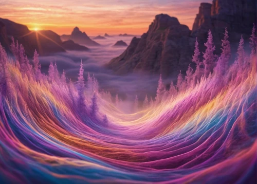 rainbow waves,purple landscape,fantasy landscape,mists over prismatic,flow of time,wave of fog,fractal environment,abstract air backdrop,swirling,fantasy picture,3d fantasy,colorful background,soundwaves,crayon background,virtual landscape,coral swirl,background colorful,interstellar bow wave,geological phenomenon,swirl clouds,Photography,General,Commercial