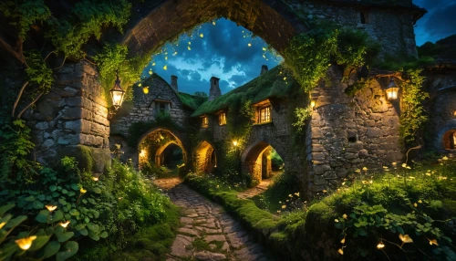 fairy village,witch's house,elven forest,fantasy landscape,fantasy picture,fairy world,tunnel of plants,3d fantasy,fairy forest,enchanted forest,fairy tale castle,druid grove,hobbiton,enchanted,fantasy world,fairy door,fairy house,a fairy tale,fairytale forest,the mystical path,Photography,General,Fantasy