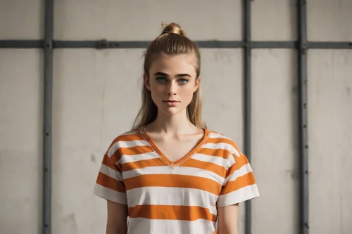 girl in t-shirt,isolated t-shirt,prisoner,eleven,horizontal stripes,wooden mannequin,girl in a long,female model,a wax dummy,the girl's face,polo shirt,photoshop manipulation,female doll,ron mueck,realdoll,head woman,television character,tshirt,teen,conceptual photography,Photography,Natural