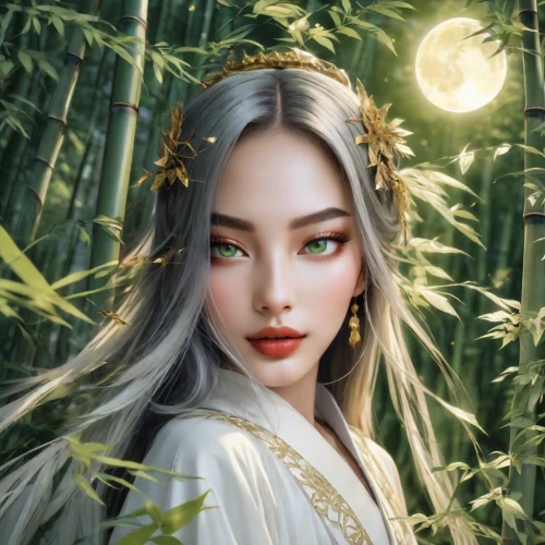 fantasy portrait,oriental princess,fantasy picture,fantasy art,moonflower,mystical portrait of a girl,jasmine blossom,world digital painting,white blossom,faerie,oriental girl,asian vision,lily of the desert,lily of the field,portrait background,chinese art,fairy queen,fantasy woman,the enchantress,sun moon,Photography,Natural