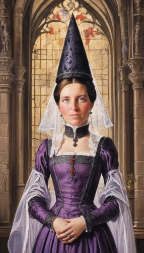 gothic portrait,girl in a historic way,la violetta,portrait of a girl,portrait of christi,church painting,veil purple,child portrait,fantasy portrait,witch ban,witch hat,rapunzel,the girl's face,oil on canvas,the witch,woman holding pie,custom portrait,portrait of a woman,victorian lady,pilgrim,Digital Art,Comic