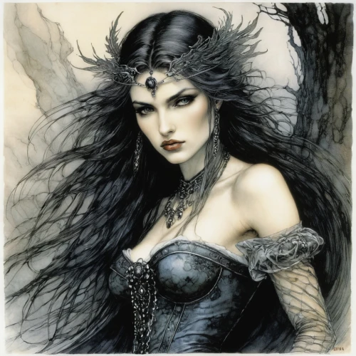 gothic woman,the enchantress,sorceress,fantasy woman,fantasy art,queen of the night,fantasy portrait,gothic portrait,dark angel,goth woman,faery,gothic fashion,the snow queen,heroic fantasy,dark elf,celtic queen,faerie,lady of the night,gothic style,fairy queen,Illustration,Retro,Retro 25