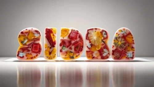 candied fruit,food styling,gummi candy,gummies,typography,gummy bears,candied,mixed fruit cake,glasswares,fruit cake,decorative letters,gummybears,gummy,italian sweet pepper,cinema 4d,sun-dried tomato,gummy worm,sousvide,fruit slices,chocolate letter,Realistic,Foods,Popsicles