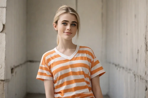 girl in t-shirt,isolated t-shirt,striped background,horizontal stripes,wooden mannequin,young model istanbul,polo shirt,orange,female model,tshirt,long-sleeved t-shirt,women clothes,in a shirt,pin stripe,apricot,clementine,orange color,murcott orange,women's clothing,liberty cotton,Photography,Natural