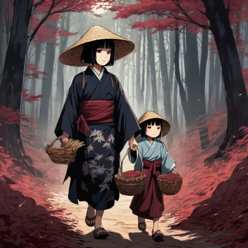 little girl and mother,tsukemono,anime japanese clothing,mother and daughter,pilgrims,japanese icons,father and daughter,geisha,shirakami-sanchi,aonori,nori,family outing,mom and daughter,japanese culture,cool woodblock images,japanese umbrellas,mother and father,mother with child,father with child,goki,Illustration,Realistic Fantasy,Realistic Fantasy 46