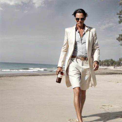 walk on the beach,white-collar worker,man's fashion,panama hat,man at the sea,male model,men's wear,white clothing,white coat,men's suit,men clothes,chivas regal,advertising figure,alejandro vergara blanco,white sand,menswear for women,elvis impersonator,malibu rum,bermuda shorts,spf