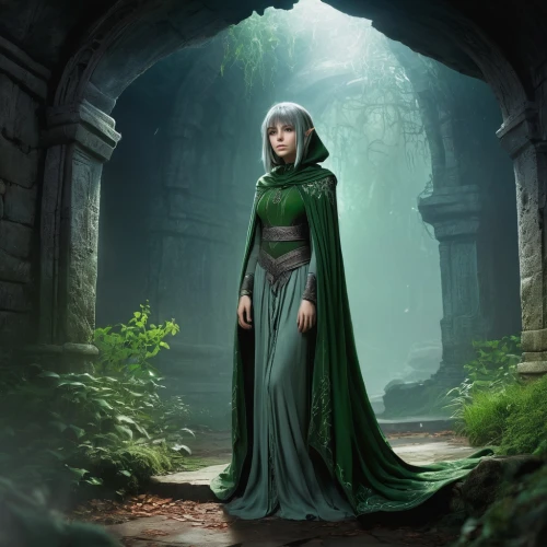 celtic queen,the enchantress,elven,emerald,fantasy picture,green aurora,fantasy portrait,caerula,sorceress,merida,fantasy art,green dress,heroic fantasy,elven forest,green garden,elven flower,dryad,violet head elf,game illustration,gothic portrait,Illustration,Realistic Fantasy,Realistic Fantasy 33