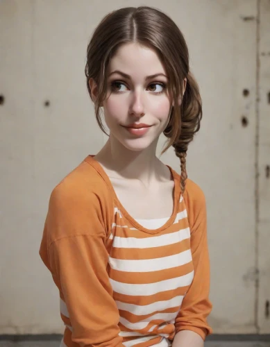 girl in t-shirt,realdoll,young woman,clementine,pigtail,updo,vintage girl,portrait of a girl,cinnamon girl,pippi longstocking,pretty young woman,girl portrait,female doll,beautiful young woman,orange color,madeleine,adorable,retro girl,cute,orange,Photography,Natural