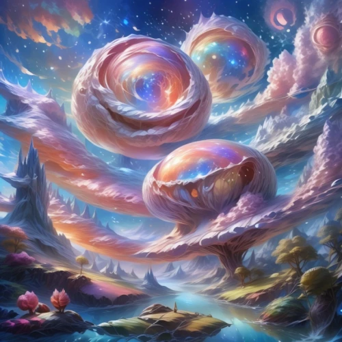 fairy galaxy,astral traveler,fantasy landscape,celestial bodies,fantasy picture,star winds,mushroom landscape,universe,spiral nebula,fantasy art,starscape,cosmos field,cosmic flower,cosmos,space art,galaxy collision,swirl clouds,3d fantasy,planetary system,cuthulu