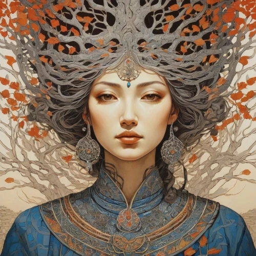 amano,oriental princess,fantasy portrait,priestess,mystical portrait of a girl,the snow queen,geisha,dryad,tree crown,artemisia,flora,filigree,the enchantress,oriental,oriental girl,boho art,fantasy art,chinese art,asian vision,orange blossom,Illustration,Realistic Fantasy,Realistic Fantasy 12