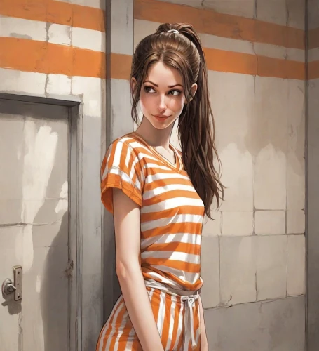 retro girl,striped background,orange,a girl in a dress,digital painting,retro woman,girl in the kitchen,tied up,pajamas,checkered background,aperol,girl in a long dress,orange color,orange cream,rockabella,ponytail,orange robes,oranges,striped,stripes,Digital Art,Comic