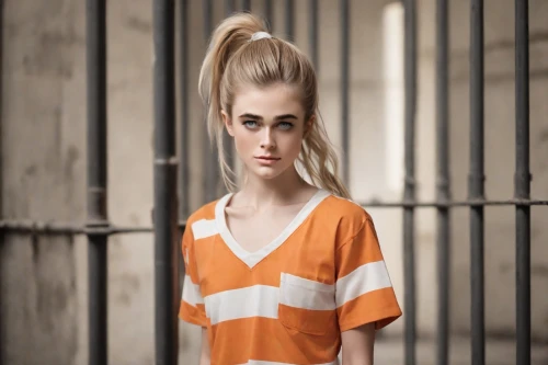 prisoner,isolated t-shirt,girl in t-shirt,orange,blond girl,women fashion,artificial hair integrations,photoshop manipulation,blonde woman,blonde girl,long-sleeved t-shirt,orange color,murcott orange,orange robes,prison,chainlink,conceptual photography,magnolieacease,women clothes,eleven,Photography,Natural