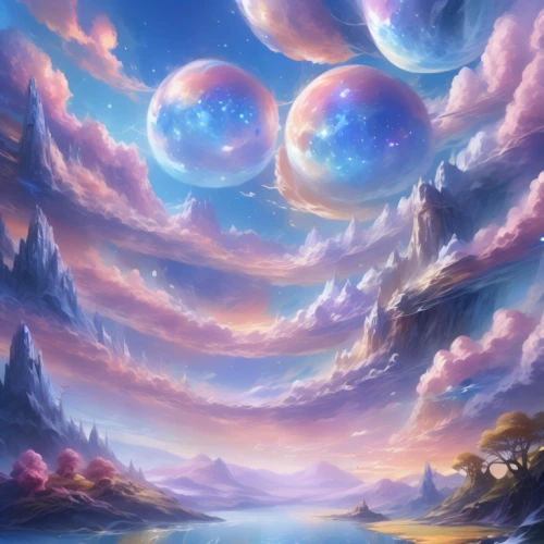 fantasy landscape,fantasy picture,fairy galaxy,dream world,sky,celestial bodies,astral traveler,planet alien sky,planets,fantasy art,hot-air-balloon-valley-sky,fairy world,3d fantasy,starscape,moon and star background,spheres,celestial,fantasy world,celestial event,ice planet