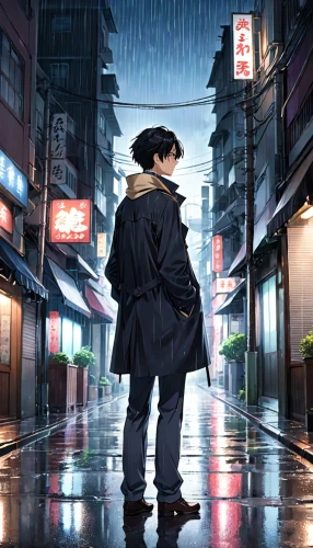 detective conan,man with umbrella,anime japanese clothing,walking in the rain,shinjuku,shibuya,heavy rain,tokyo,world digital painting,black hat,cyberpunk,detective,rainy,tokyo city,busan night scene,in the rain,pedestrian,tokyo ¡¡,rainy day,yukio,Anime,Anime,General