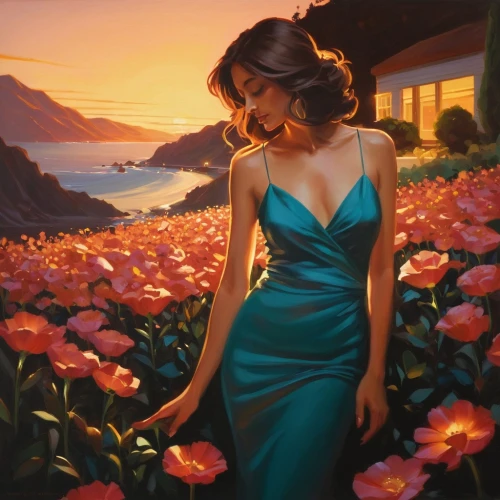 flower in sunset,girl in flowers,splendor of flowers,art deco woman,romantic portrait,holding flowers,daffodils,camellias,with roses,evening dress,flower painting,jasmine,rosa bonita,scent of roses,flora,ann margarett-hollywood,magnolia,world digital painting,beautiful girl with flowers,sea of flowers,Conceptual Art,Daily,Daily 12