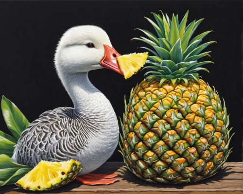 ananas,piña colada,ornamental duck,pineapple pattern,pineapple basket,fresh pineapples,bird painting,pineapple boat,portrait of a hen,oil painting on canvas,pineapple,tropical bird,pinapple,pineapple comosu,pineapple head,oil painting,oil on canvas,a pineapple,pineapples,tropical animals,Conceptual Art,Daily,Daily 23