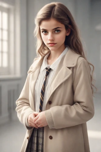 school uniform,school clothes,digital compositing,girl in a long,overcoat,librarian,girl studying,blur office background,visual effect lighting,trench coat,female doll,female doctor,children's background,school administration software,eleven,clove,child girl,photoshop manipulation,girl in a historic way,portrait background,Photography,Cinematic