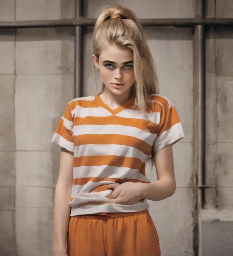 horizontal stripes,detention,chainlink,clementine,blond girl,clove,eyebrows,poppy,pixie-bob,liberty cotton,hairtie,buttercup,blonde girl,eyebrow,prisoner,hair tie,bad girl,television character,orange,striped background,Photography,Natural
