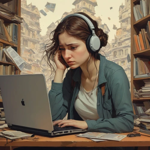 girl at the computer,girl studying,computer addiction,listening to music,stressed woman,librarian,the listening,music background,audiophile,music books,music player,listening,internet addiction,drm,learning disorder,world digital painting,computational thinking,sci fiction illustration,music,blogs music,Illustration,Realistic Fantasy,Realistic Fantasy 12