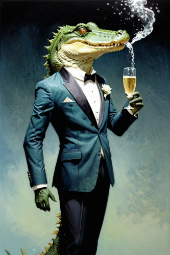 formal attire,gentlemanly,a glass of champagne,formal guy,groom,aristocrat,the groom,businessman,formal wear,alligator,businessperson,champagne flute,aligator,winemaker,wedding suit,champagne cocktail,champagne,concierge,suit actor,bottle of champagne,Illustration,Realistic Fantasy,Realistic Fantasy 05