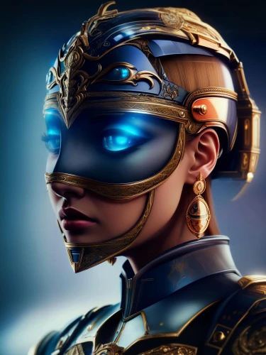 cyborg,gold mask,golden mask,masquerade,head woman,steampunk,dark blue and gold,iron mask hero,cyber glasses,valerian,female warrior,wearables,cybernetics,cyberpunk,cyber,light mask,c-3po,streampunk,cleopatra,tutankhamun