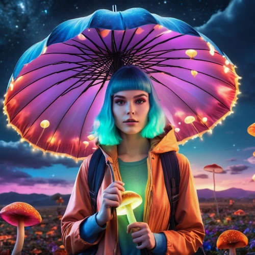 mushroom hat,eleven,valerian,anti-cancer mushroom,blue mushroom,amanita,mushroom landscape,agaric,aurora,psychedelic art,ufo,umbrella mushrooms,fae,yellow mushroom,club mushroom,toadstools,angelica,fantasy picture,cosmos,photoshop manipulation,Photography,General,Realistic