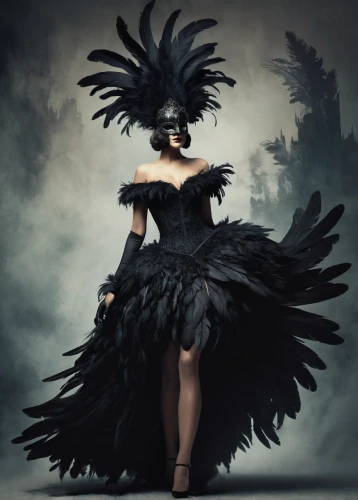 gothic fashion,black swan,crow queen,mourning swan,gothic dress,black feather,gothic woman,gothic style,dark angel,black angel,black crow,black raven,black bird,corvidae,raven bird,queen of the night,feather headdress,plumage,dark gothic mood,raven,Conceptual Art,Fantasy,Fantasy 02