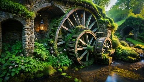 water wheel,water mill,hobbiton,old mill,fantasy landscape,fairy village,3d fantasy,potter's wheel,fantasy picture,fairy world,hobbit,mill,dutch mill,world digital painting,elven forest,winding steps,fairy house,fantasy art,wishing well,fantasy world,Photography,General,Fantasy