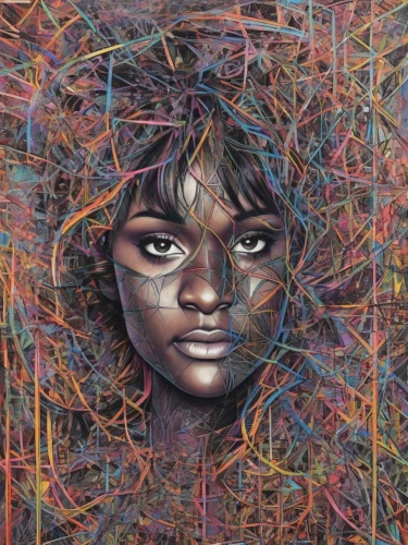 la violetta,oil painting on canvas,aura,oil on canvas,psychedelic art,shirakami-sanchi,mystical portrait of a girl,woman thinking,bjork,girl with a wheel,head woman,chalk drawing,connections,african american woman,coloured pencils,kahila garland-lily,graffiti art,african woman,colored pencils,girl in a long