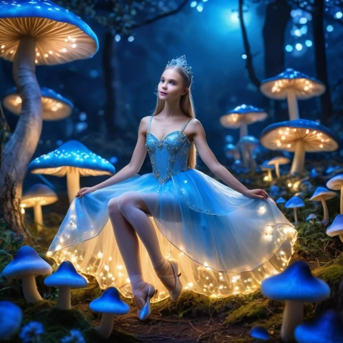 fairy forest,faerie,ballerina in the woods,blue mushroom,fairy world,fairy,alice in wonderland,agaric,faery,enchanted forest,fantasy picture,fairy tale,fairy queen,little girl fairy,cinderella,fairy village,fairy tale character,blue enchantress,children's fairy tale,alice,Photography,General,Realistic
