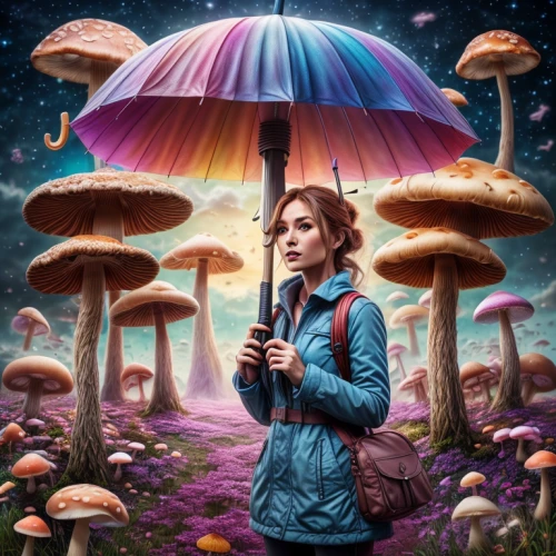 mushroom landscape,umbrella mushrooms,amanita,lindsey stirling,little girl with umbrella,agaric,anti-cancer mushroom,sci fiction illustration,valerian,mushrooming,medicinal mushroom,lingzhi mushroom,psychedelic art,mushrooms,digital compositing,edible mushrooms,club mushroom,toadstools,fae,forest mushroom