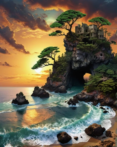 fantasy landscape,coastal landscape,landscape background,fantasy picture,an island far away landscape,islet,cliffs ocean,sea landscape,dragon tree,fantasy art,tropical island,island suspended,world digital painting,monkey island,beach landscape,nature landscape,tropical sea,cartoon video game background,beautiful landscape,slave island,Photography,Black and white photography,Black and White Photography 03