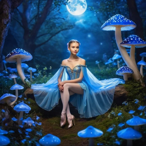 blue mushroom,fantasy picture,cinderella,fairy forest,fae,ballerina in the woods,faerie,mushroom landscape,fairy world,amanita,fairy village,fairy queen,fairy tale character,blue enchantress,blue moon rose,agaric,fairytale,forest mushroom,fantasia,fairy tale,Photography,General,Realistic