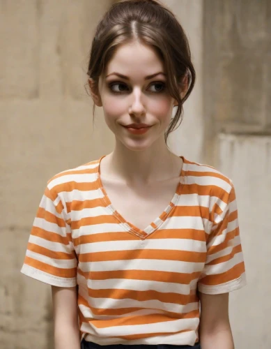 girl in t-shirt,british actress,striped background,horizontal stripes,cotton top,orange,stripes,polo shirt,in a shirt,striped,mime,cute,adorable,young woman,clove,orange color,bright orange,pretty young woman,madeleine,teen,Photography,Natural