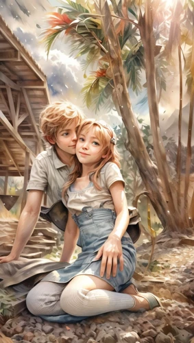 vintage boy and girl,young couple,girl and boy outdoor,fantasy picture,children's background,fairy tale,children's fairy tale,fairytale,romantic scene,little boy and girl,idyll,a fairy tale,background image,boy and girl,fairies,world digital painting,link,fairy tale character,alice in wonderland,fairytale characters