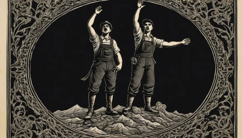 forest workers,hanged man,workers,film poster,bookplate,vaudeville,book cover,cirque du soleil,hang em high,sailors,halloween poster,cirque,poster,flapper couple,the labor,franz ferdinand,vintage man and woman,miners,danse macabre,chimney sweep,Illustration,Black and White,Black and White 26