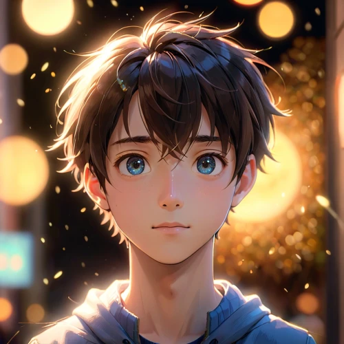 anime boy,bokeh effect,background bokeh,bokeh,bokeh lights,starry sky,romantic portrait,takato cherry blossoms,anime cartoon,edit icon,garland of lights,city ​​portrait,violet evergarden,starlight,starry,child portrait,digital painting,portrait background,spark,fireflies,Anime,Anime,Cartoon