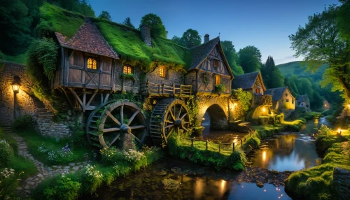 fairy village,fantasy landscape,fantasy picture,medieval town,water mill,3d fantasy,hobbiton,fairytale forest,fairy tale,fairytale,a fairy tale,knight village,fairy tale castle,fairy world,fairytale castle,escher village,fantasy world,popeye village,alsace,wooden houses,Photography,General,Fantasy
