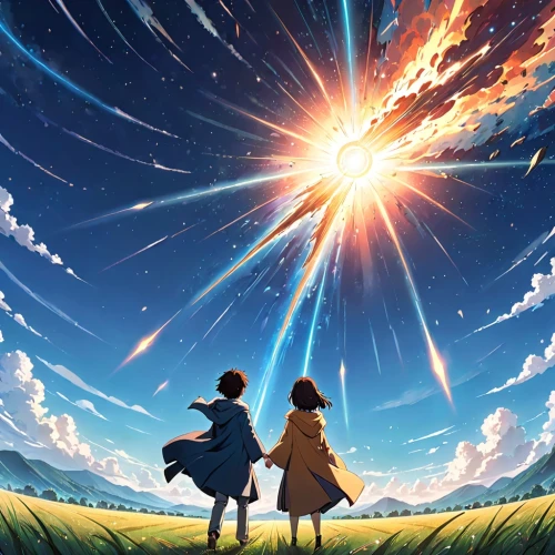 cosmos wind,falling stars,falling star,star sky,meteor,cosmos,star winds,flying sparks,cosmos field,shooting stars,starry sky,perseids,shooting star,celestial event,meteor shower,explosions,celestial phenomenon,studio ghibli,spark,astronomical,Anime,Anime,Realistic