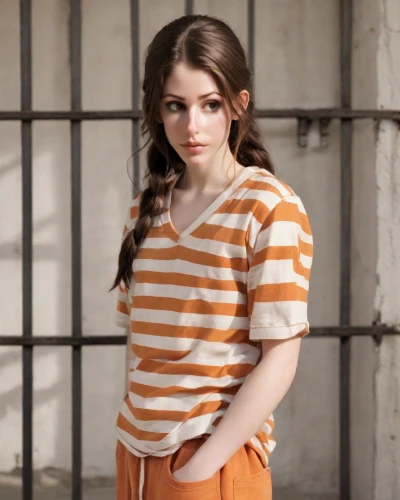 horizontal stripes,prisoner,orange,detention,liberty cotton,striped background,clove,orange color,stripes,orange robes,photo session in torn clothes,striped,long-sleeved t-shirt,bright orange,prison,teen,isolated t-shirt,polo shirt,clementine,cotton top,Photography,Natural