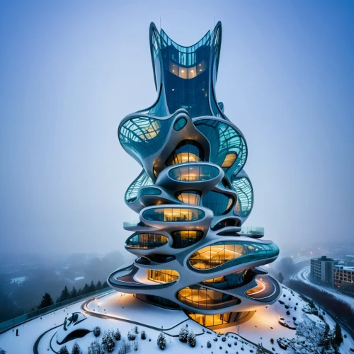 futuristic architecture,chinese architecture,dragon palace hotel,snowhotel,ice hotel,south korea,futuristic art museum,asian architecture,eco hotel,dalian,animal tower,electric tower,ski resort,steel sculpture,luxury hotel,solar cell base,helix,ice castle,modern architecture,winter house,Photography,General,Natural