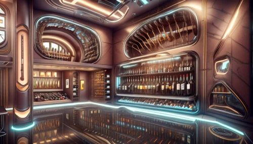 wine bar,liquor bar,wine cellar,art deco background,apothecary,ufo interior,unique bar,brandy shop,nightclub,art deco,sci fiction illustration,cosmetics counter,sci fi surgery room,sky space concept,pharmacy,liquor store,3d rendering,drinking establishment,bookshelves,pantry