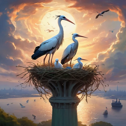 storks,white storks,bird kingdom,bird island,harbor cranes,birds of the sea,bird bird kingdom,herons,bird tower,pelicans,sea birds,perched birds,stork,fantasy picture,crested terns,water birds,migratory birds,perching birds,bird painting,fantasy art,Illustration,Realistic Fantasy,Realistic Fantasy 01