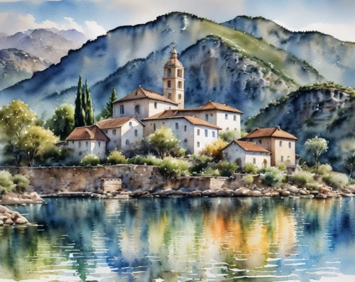 watercolor,church painting,italian painter,watercolor painting,montenegro,watercolour,watercolor shops,watercolor background,provence,south france,balkans,world digital painting,mountain settlement,mountain village,lombardy,asturias,watercolor paint,water colors,mountain scene,watercolors