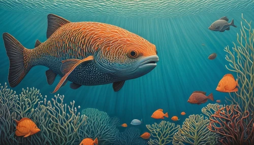 coelacanth,coral reef fish,garibaldi (fish),coral fish,forest fish,underwater fish,blue fish,fish in water,school of fish,discus fish,grouper,blue stripe fish,trigger fish,fishes,golden angelfish,fish,red fish,barramundi,tropical fish,lemon surgeonfish,Illustration,Realistic Fantasy,Realistic Fantasy 11