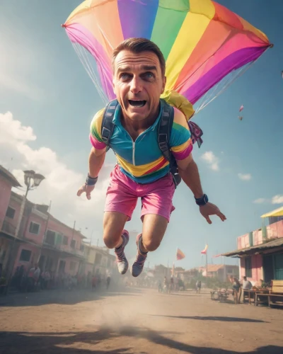pubg mascot,raimbow,fifa 2018,skydiver,parachute fly,eleven,paratrooper,parachuting,parachute jumper,fly a kite,the man floating around,skydive,gay,ronaldo,parachute,parachutist,rainbow background,kite flyer,up,gay pride,Photography,Realistic