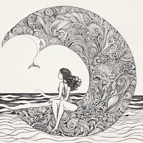 girl with a dolphin,yinyang,swan lake,mourning swan,swan,the zodiac sign pisces,constellation swan,white swan,siren,pisces,mermaid silhouette,moon phase,shirakami-sanchi,sun and moon,sun moon,yin-yang,sea swallow,believe in mermaids,mermaid,seabird,Illustration,Black and White,Black and White 05