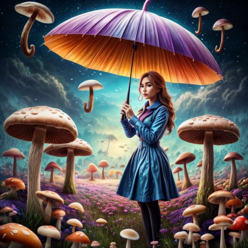 alice in wonderland,little girl with umbrella,mushroom landscape,fantasy picture,umbrella mushrooms,parasols,blue mushroom,agaric,wonderland,psychedelic art,parasol,alice,umbrellas,sci fiction illustration,fantasy art,umbrella,club mushroom,surrealism,lindsey stirling,fairy tale character