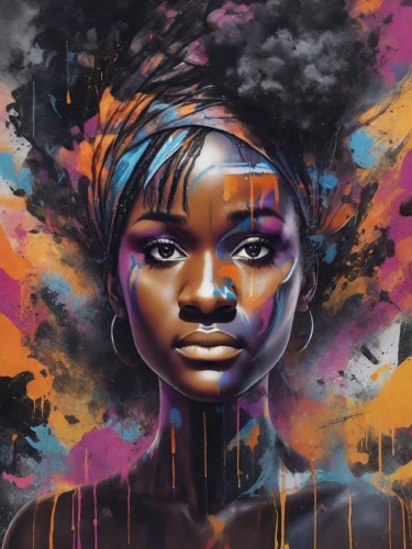 graffiti art,african art,african woman,oil painting on canvas,mystical portrait of a girl,graffiti,painting technique,art painting,black woman,la violetta,african american woman,girl portrait,aura,psychedelic art,woman thinking,portrait of a girl,streetart,oil on canvas,benin,afro-american