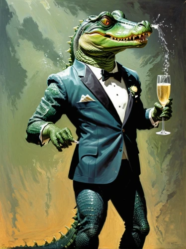 formal attire,aristocrat,gentlemanly,businessperson,the groom,concierge,businessman,formal wear,wedding suit,groom,a glass of champagne,champagne flute,formal guy,alligator,suit actor,champagne cocktail,waiter,aligator,saurian,business man,Conceptual Art,Sci-Fi,Sci-Fi 14